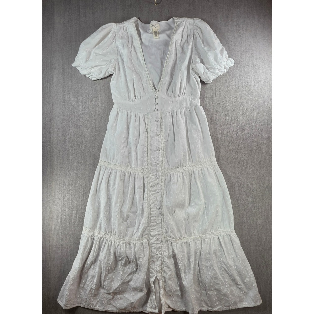 Jessica Simpson Maxi Dress Womens Large White Cotton Clip Dot Tiered V-Neck Boho
